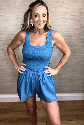 Blue Ruched Short Romper