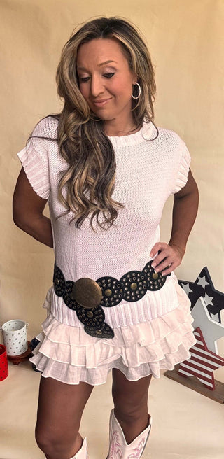 White short sleeve sweater dress with attached tiered lightweight cotton skirt