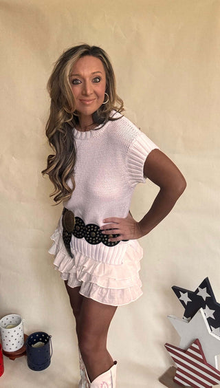 White short sleeve sweater dress with attached tiered lightweight cotton skirt