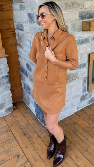 caramel color faux suede short sleeve short dress with button down front