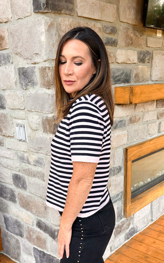black and white striped short sleeve sweater