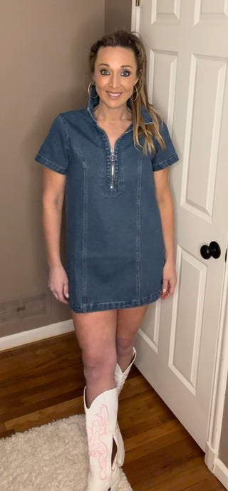 Washed Denim Zipped Mini Dress