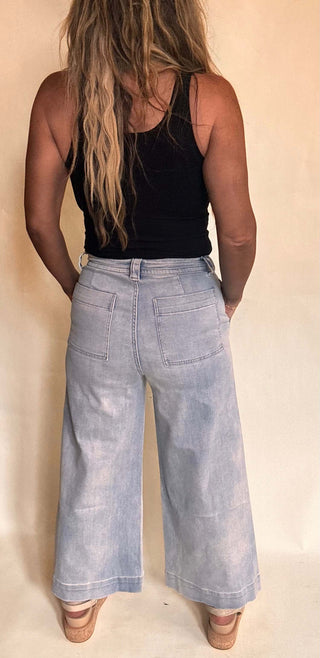 Belted tie waist light wash wide leg crop denim pants 