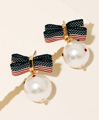 American Flag Ribbon and Pearl Charm Dangle Earring