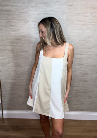 LINEN COLOR BLOCK SLEEVELESS A-LINE MINI DRESS