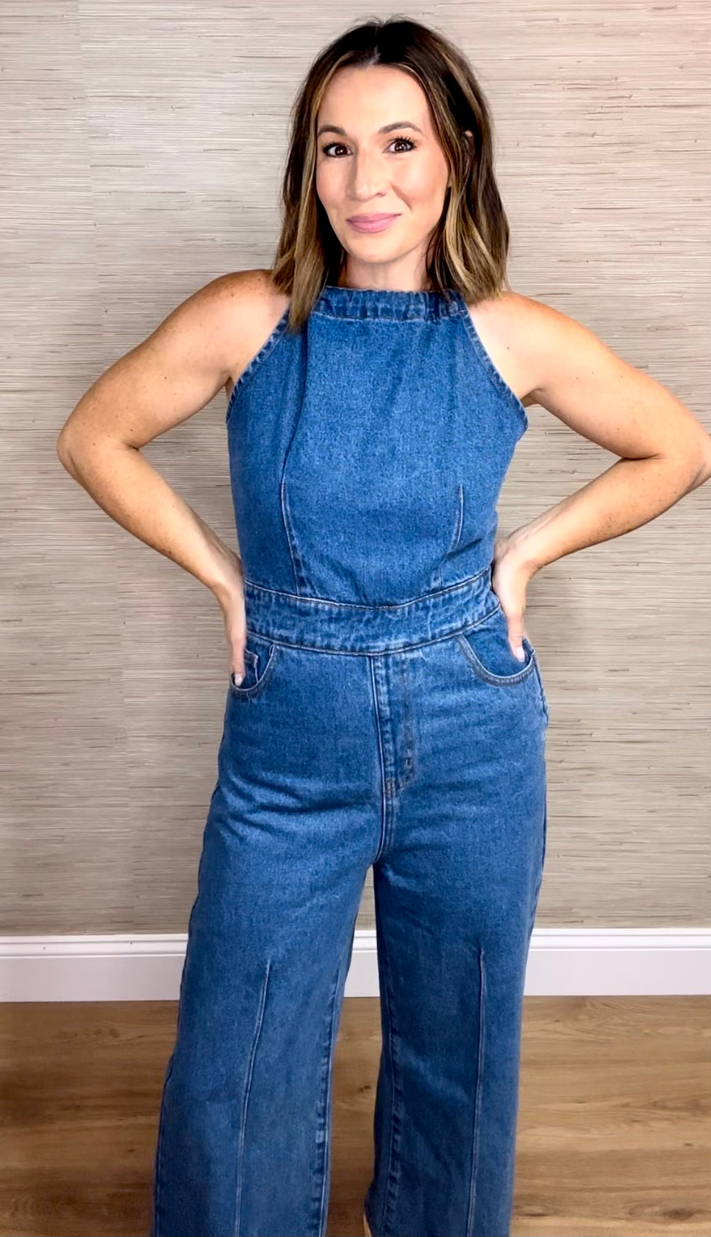 Halter Denim Straight Leg Jumpsuit