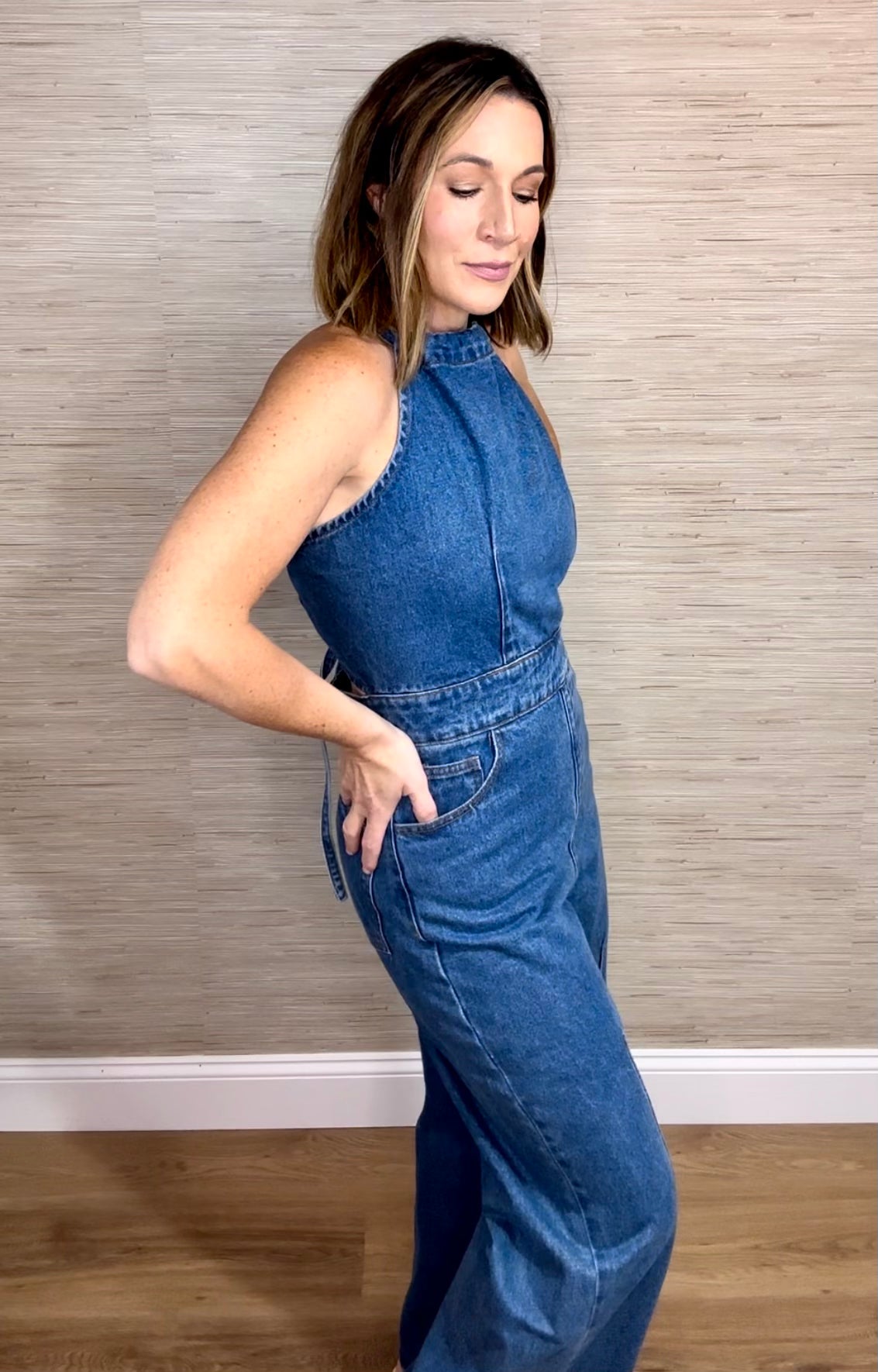 Halter Denim Straight Leg Jumpsuit