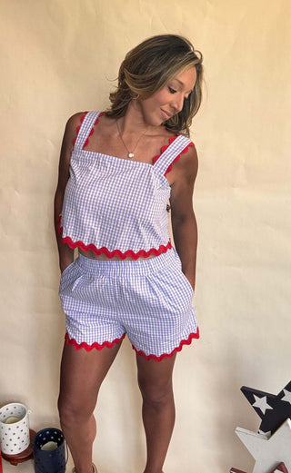 blue and white gingham shorts set with red ric rac trim
