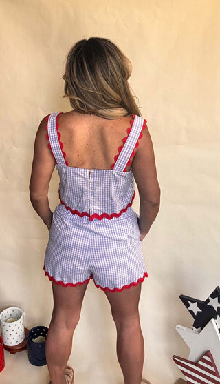 blue and white gingham shorts set with red ric rac trim