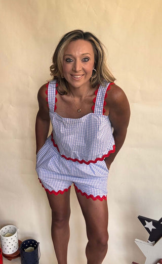 blue and white gingham shorts set with red ric rac trim